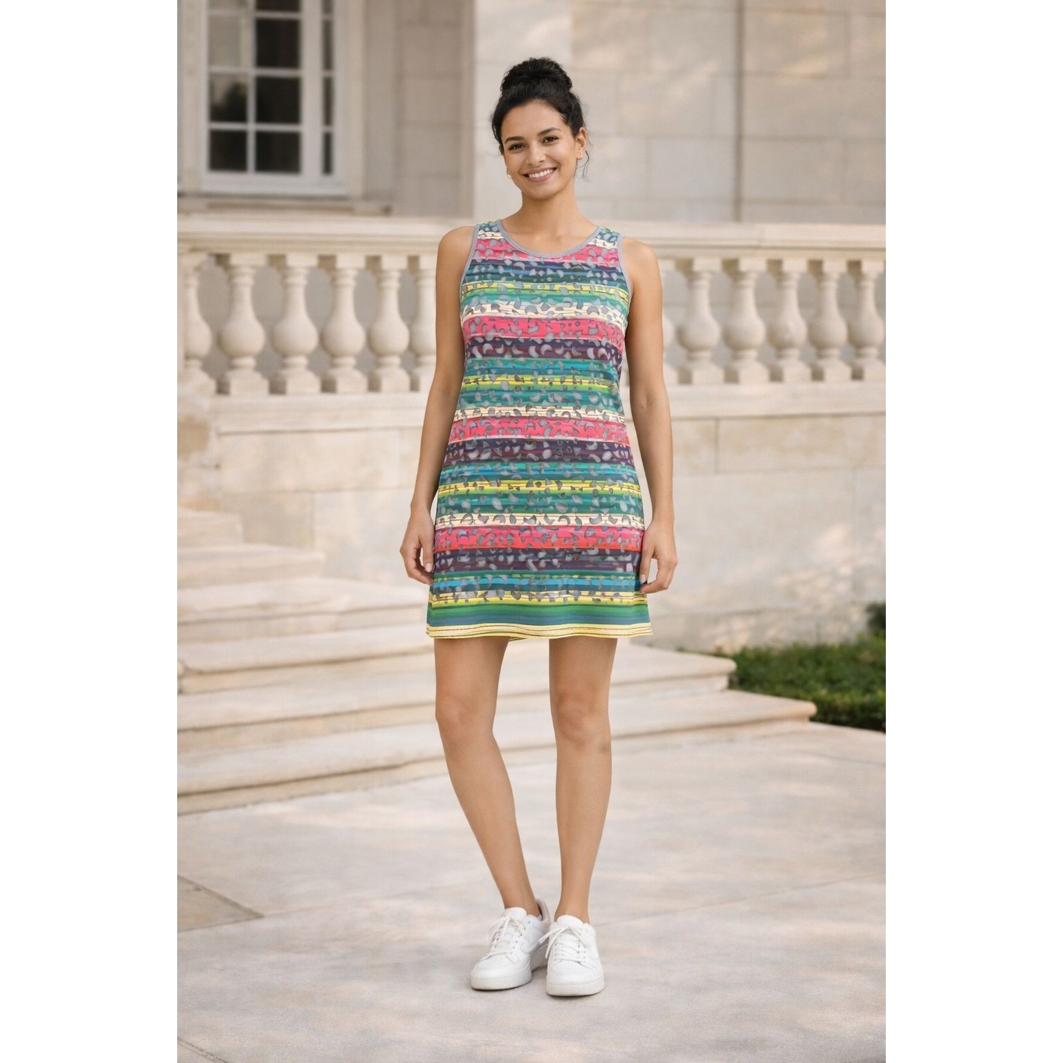 Desigual Colorful Stripe Phoenix Dress Laser Cutout Sleeveless Medium Women's